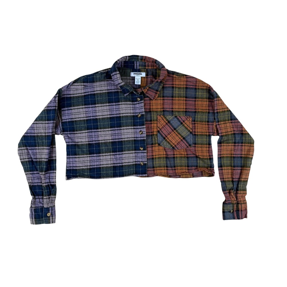 Grunge Colorblock Flannel Cotton Cropped Raw Hem Medium RSQ